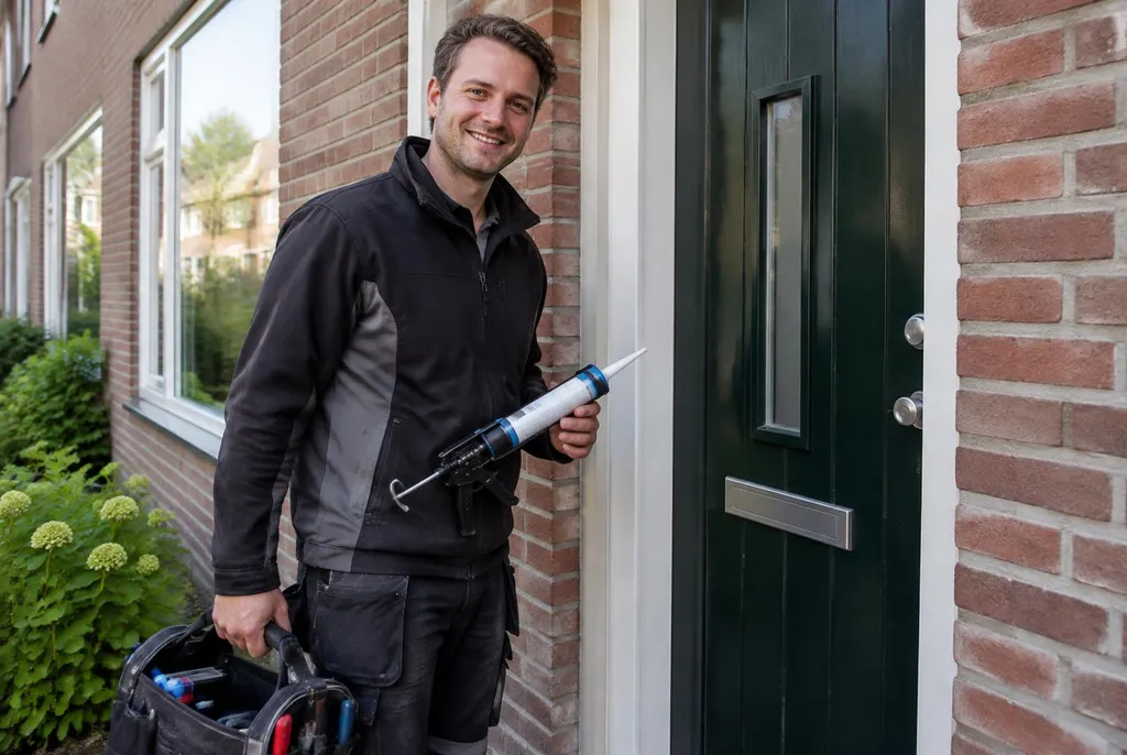 Vakman van Kitbedrijf Oldebroek bij de voordeur van een woning